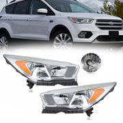 DURAFORCE Left+Right Side Headlights DRL For 2017-2019 Ford Escape Halogen Chrome