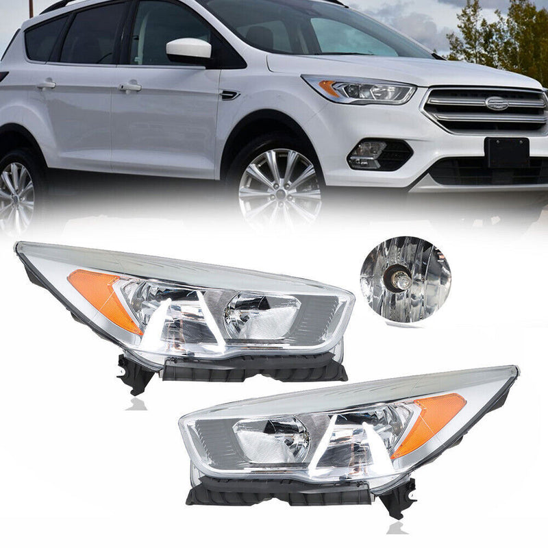 DURAFORCE Left+Right Side Headlights DRL For 2017-2019 Ford Escape Halogen Chrome