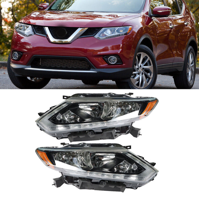 DURAFORCE Right+Left Headlight For 2014-2016 Nissan Rogue Halogen Chrome Housing