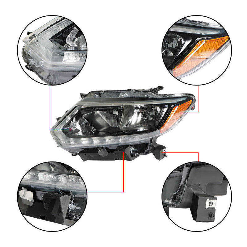 DURAFORCE Right+Left Headlight For 2014-2016 Nissan Rogue Halogen Chrome Housing