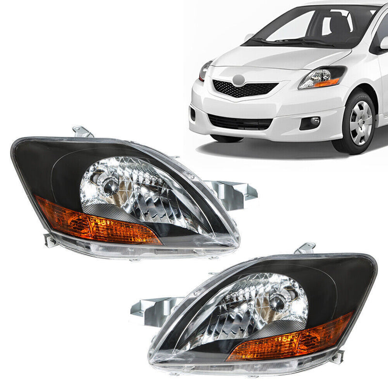 DURAFORCE Left+Right Headlight For 2007-12 Toyota Yaris Halogen Type Black Housing