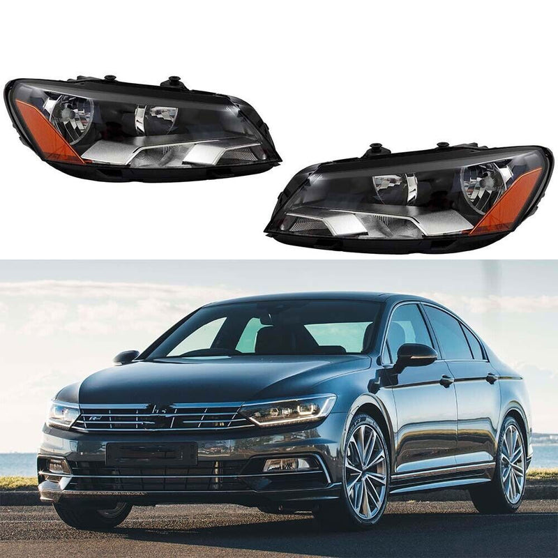 DURAFORCE Left+Right Side Headlight For 2012-2015 Volkswagen Passat Halogen Black