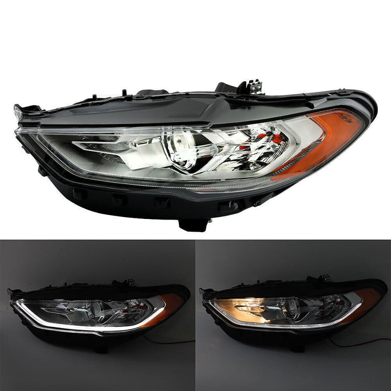 DURAFORCE Left Headlight For 2017 2018 2019 Ford Fusion Chrome Housing w/ LED DRL