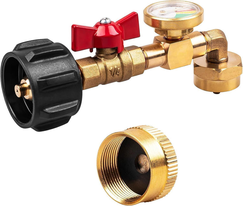 DURAFORCE 1lb to 20lb tank Propane Refill Elbow Adapter with Gauge + ON-Off Control Valve