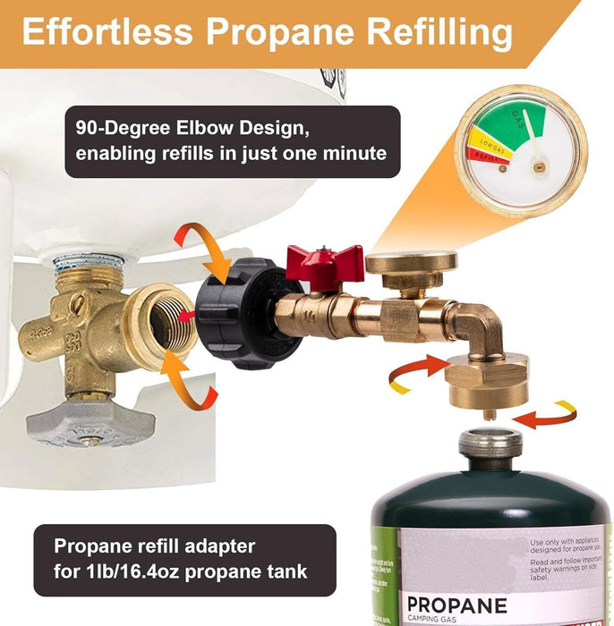DURAFORCE 1lb to 20lb tank Propane Refill Elbow Adapter with Gauge + ON-Off Control Valve