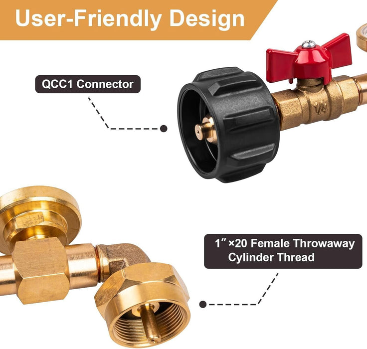 DURAFORCE 1lb to 20lb tank Propane Refill Elbow Adapter with Gauge + ON-Off Control Valve