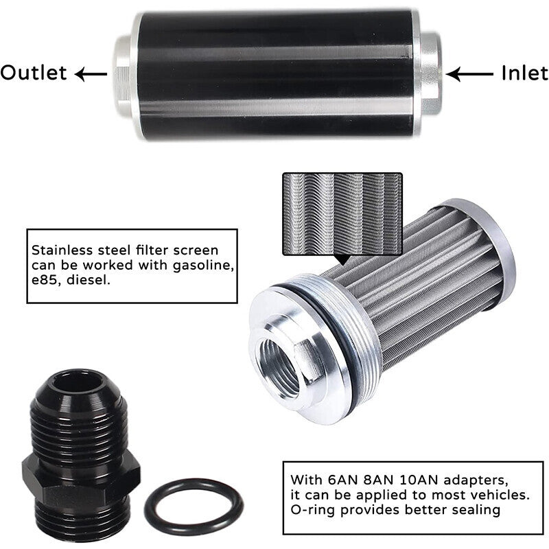 DURAFORCE Inline 100 Micron Fuel Gas Filter 6AN 8AN 10AN Adapter Universal 50MM US