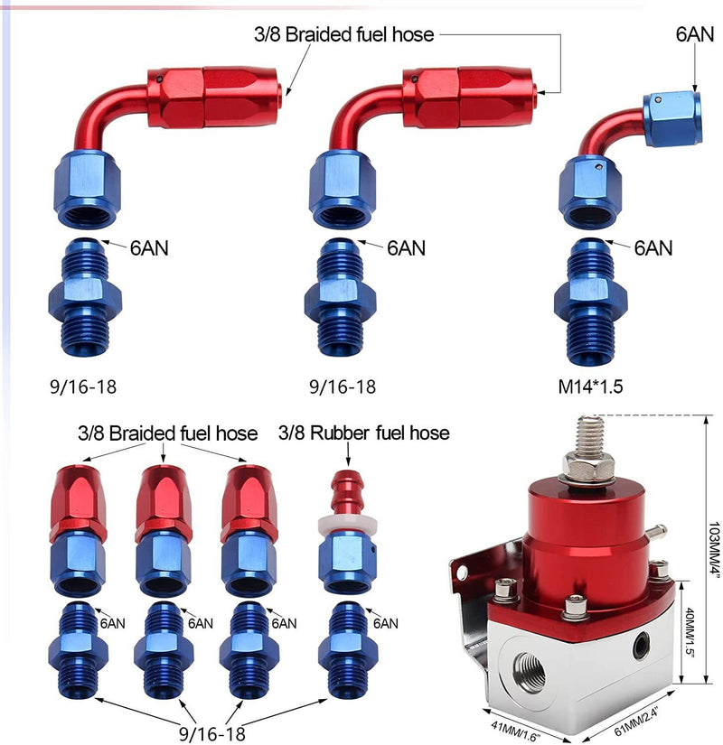 DURAFORCE Universal Adjustable Fuel Pressure Regulator Kit 100psi Guage AN6 Hose Fittings