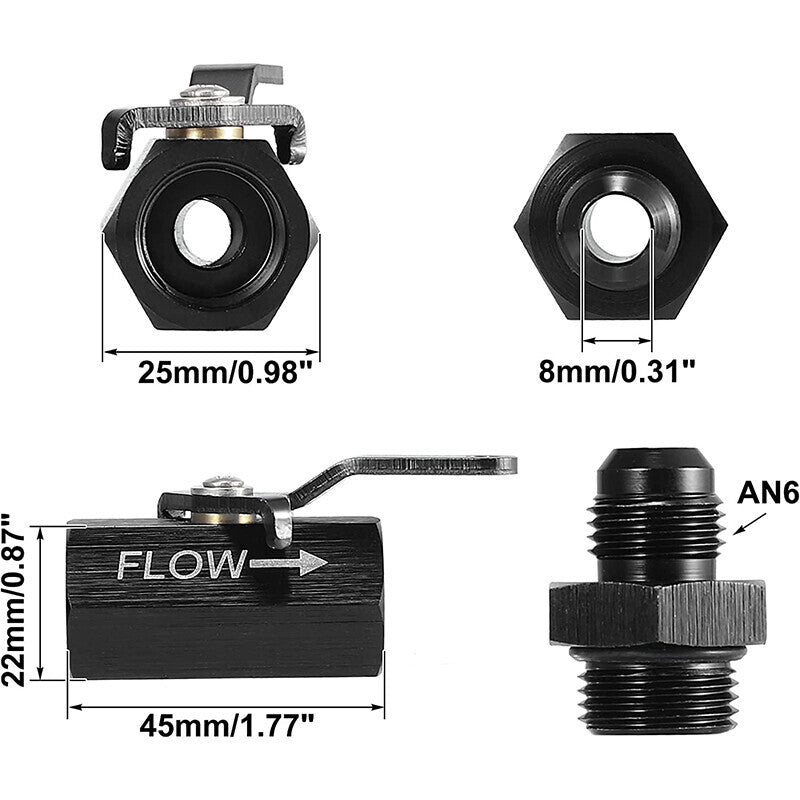 DURAFORCE AN6 Inline Fuel Shut Off Valve Cut Off w/ Cable Lever 6AN Aluminum Black
