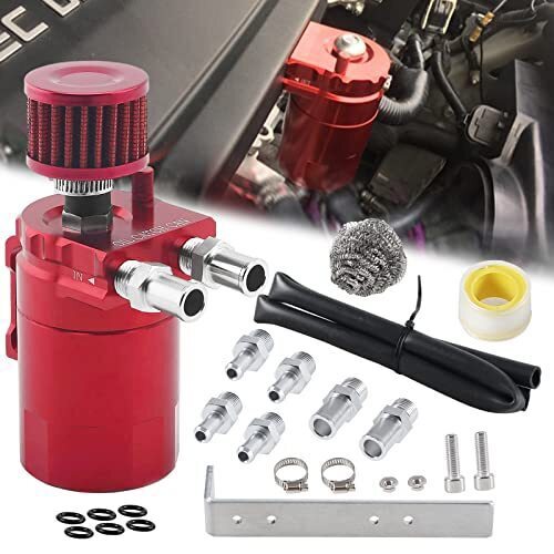 DURAFORCE Oil Catch Can Tank Kit Polish Reservoir with Breather Filter 3/8" Fuel Line Red