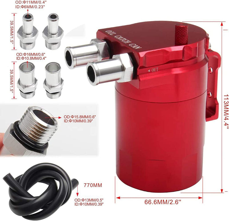 DURAFORCE Baffled Oil Catch Can Oil Separator Breather 300ml Aluminum Red Universal