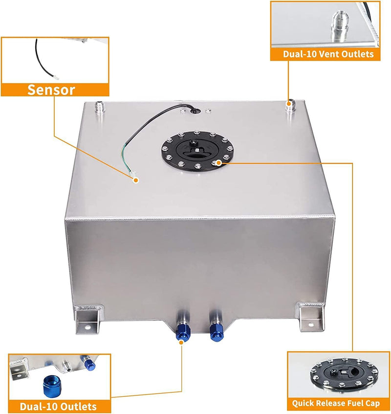 DURAFORCE 8 Gal Fuel Cell Gas Tank Aluminum Polished Racing Street with Level Sender Silve