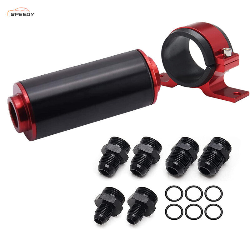 DURAFORCE Black-Red Inline 100 Micron Fuel Filter 6AN 8AN 10AN Adapter 50MM+ Mount Bracket
