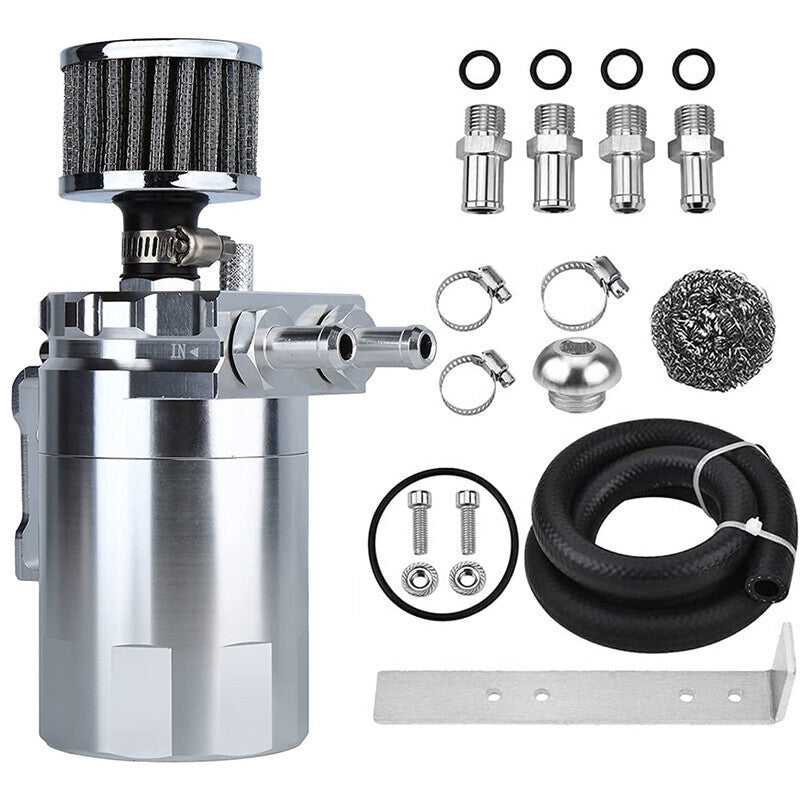 DURAFORCE Oil Catch Can Kit Reservoir Baffled Tank with Breather Hose Universal Sliver