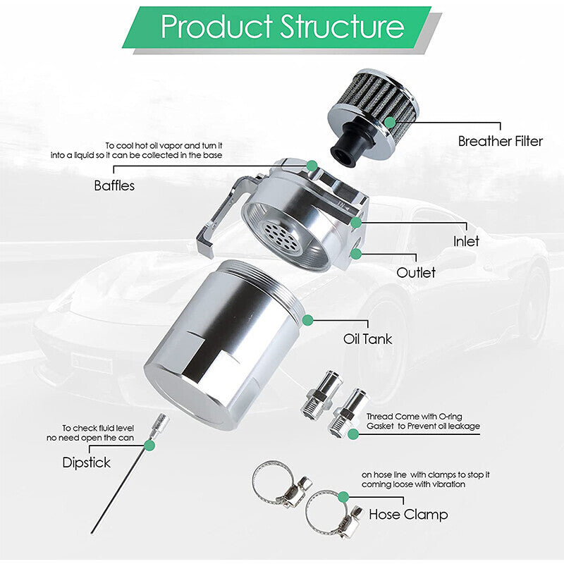 DURAFORCE Oil Catch Can Kit Reservoir Baffled Tank with Breather Hose Universal Sliver