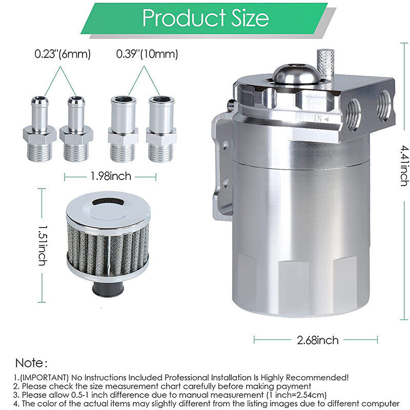 DURAFORCE Oil Catch Can Kit Reservoir Baffled Tank with Breather Hose Universal Sliver