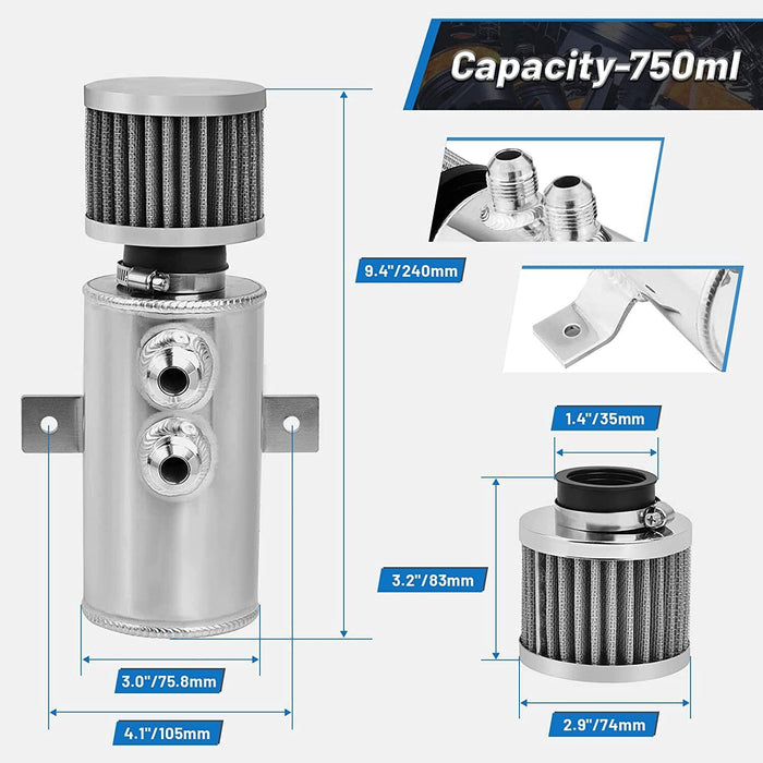 DURAFORCE 750ml 10AN Oil Catch Can Reservoir Tank & Breather Filter Baffled Kit Aluminum