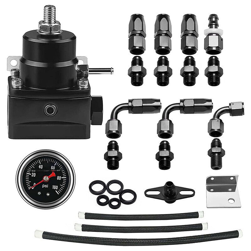 DURAFORCE Adjustable Fuel Pressure Regulator Kit Oil 0-100psi Gauge -6AN Black