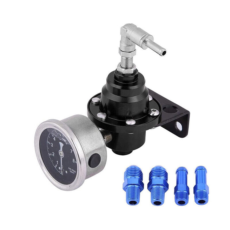 DURAFORCE Aluminum Universal Adjustable Fuel Pressure Regulator + Gauge+ Fitting Kit Black