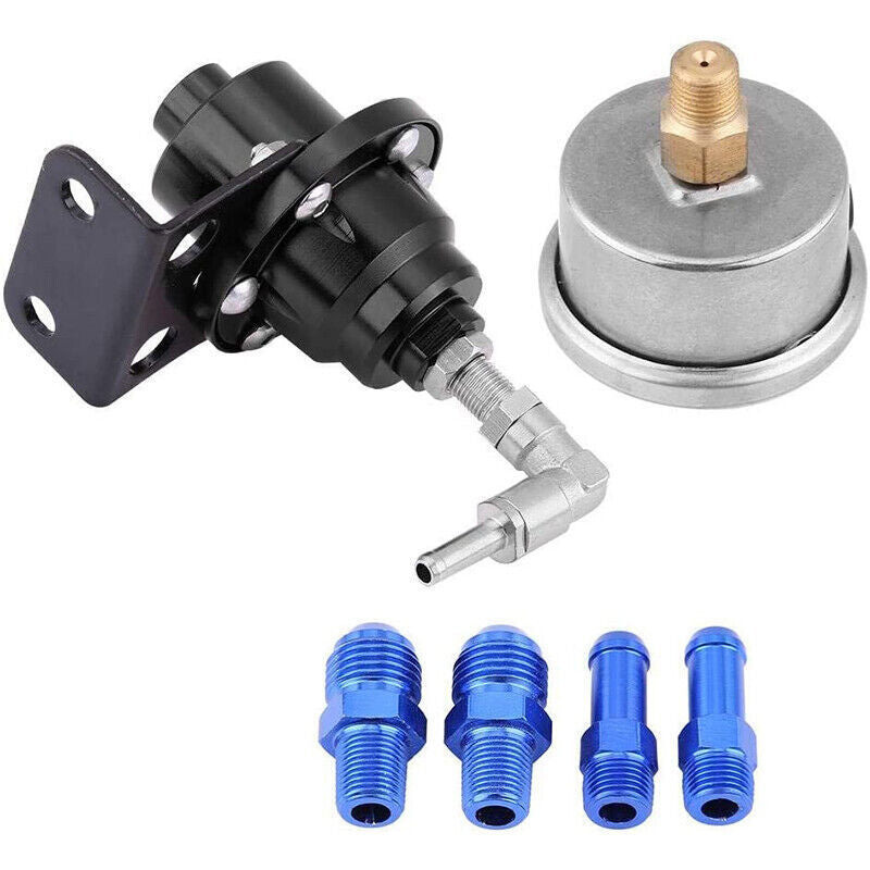 DURAFORCE Aluminum Universal Adjustable Fuel Pressure Regulator + Gauge+ Fitting Kit Black