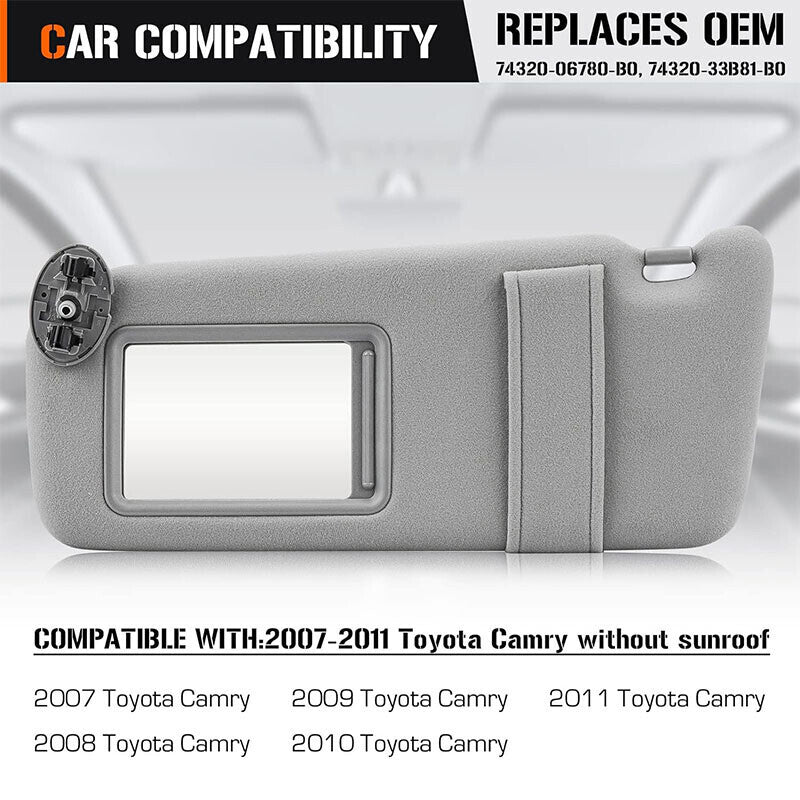 DURAFORCE For Toyota Camry 2007-2011 Left Driver Side Sun Visor Sunshade Without Sunroof
