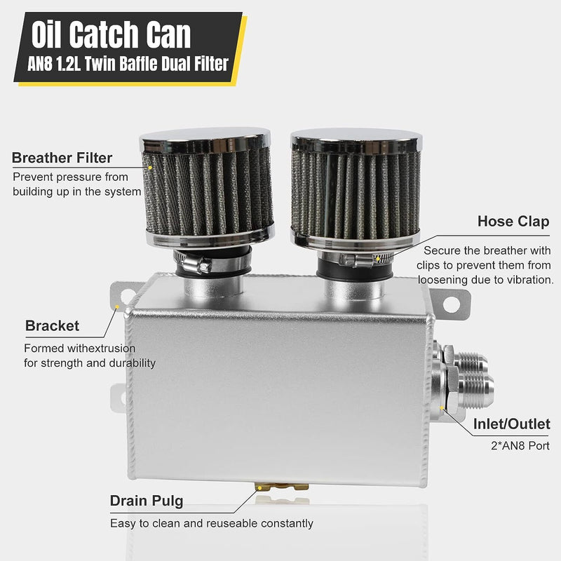 DURAFORCE 2 Port 10AN Dual Breather Filter Baffled Polished Oil Catch Can Reservoir Tank