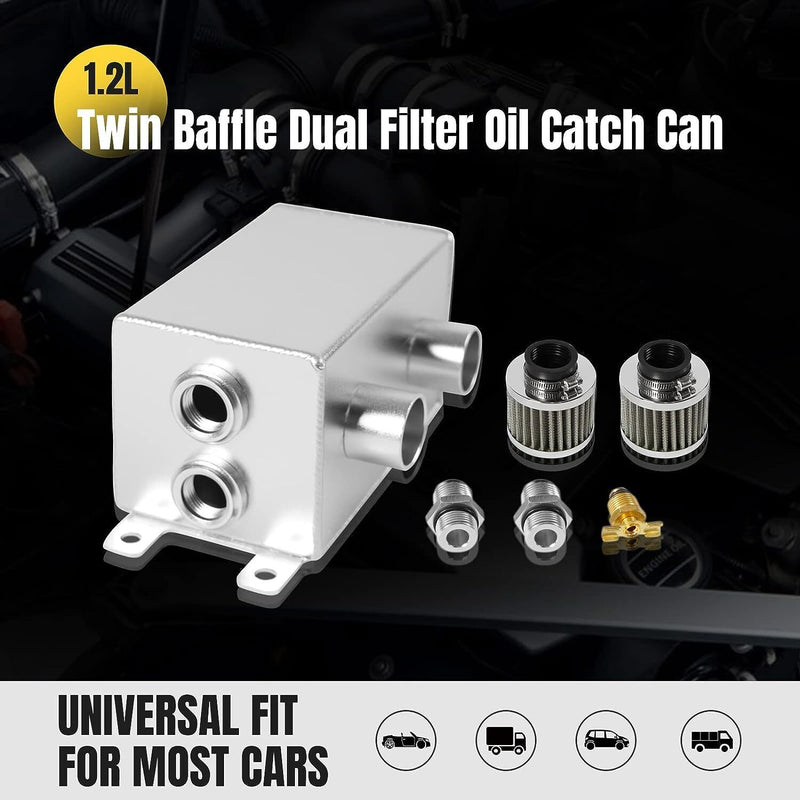 DURAFORCE 2 Port 10AN Dual Breather Filter Baffled Polished Oil Catch Can Reservoir Tank