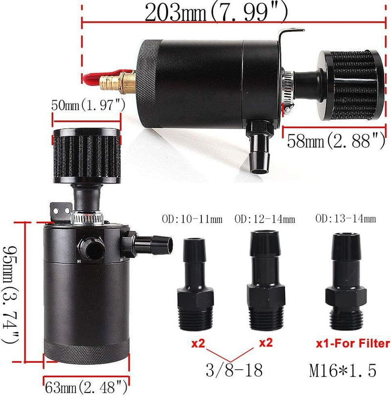 DURAFORCE New 2 Port Reservoir Baffled Tank Oil Catch Can Drain Valve Breather Kits Black