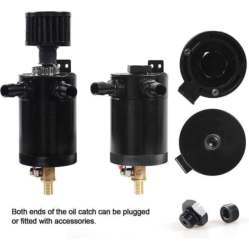 DURAFORCE New 2 Port Reservoir Baffled Tank Oil Catch Can Drain Valve Breather Kits Black