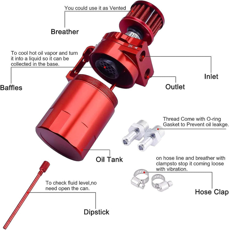 DURAFORCE Red Oil Catch Can Kit Reservoir Baffled Tank with Breather Filter Universal Alum