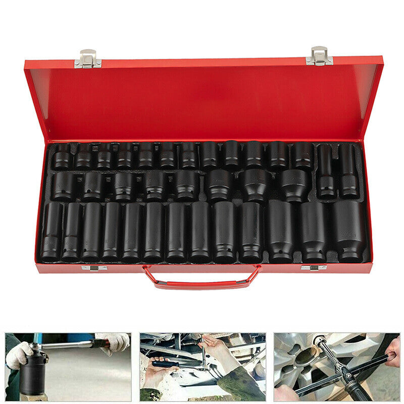 DURAFORCE 1 Pack Deep Impact Socket Set 1/2" Metric Drive 8-32mm SAE Impact Sockets w/Case