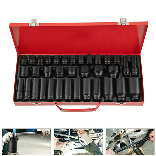 DURAFORCE 1 Pack Deep Impact Socket Set 1/2" Metric Drive 8-32mm SAE Impact Sockets w/Case