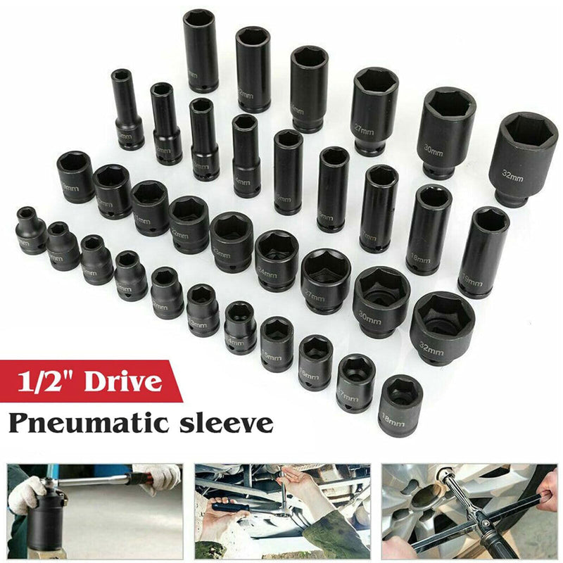 DURAFORCE 1 Pack Deep Impact Socket Set 1/2" Metric Drive 8-32mm SAE Impact Sockets w/Case
