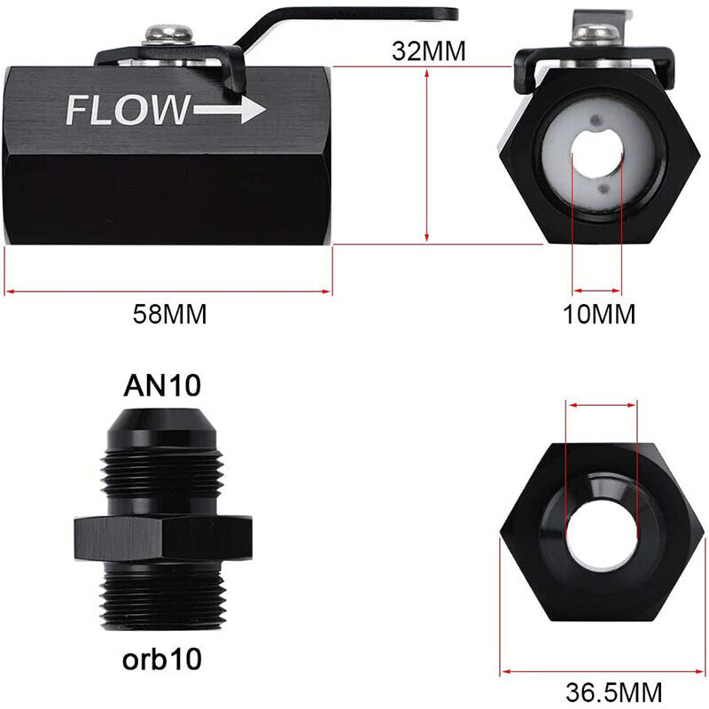 DURAFORCE AN10 10AN Male Aluminum Inline Fuel Shut Off Valve w/ Cable Lever Black
