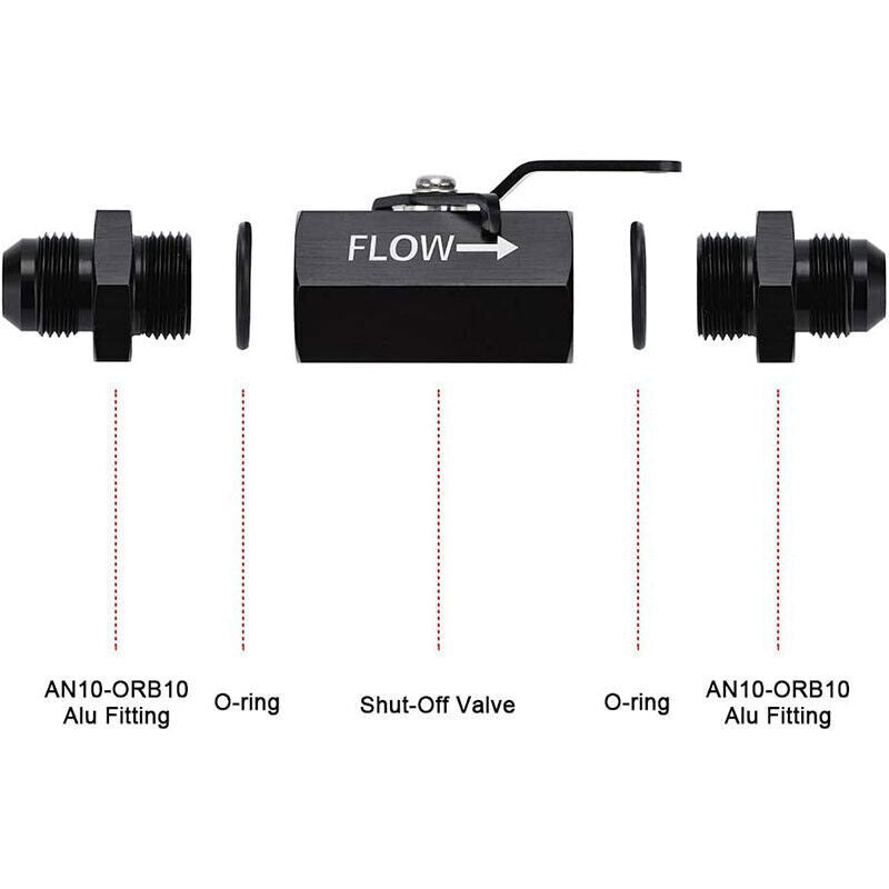 DURAFORCE AN10 10AN Male Aluminum Inline Fuel Shut Off Valve w/ Cable Lever Black