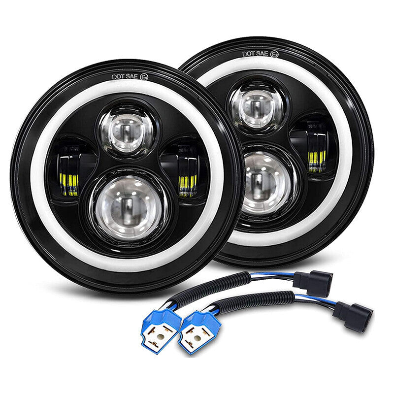 DURAFORCE Pair 7" Inch Round LED Headlights Halo Angel Eyes For Jeep Wrangler JK LJ TJ CJ