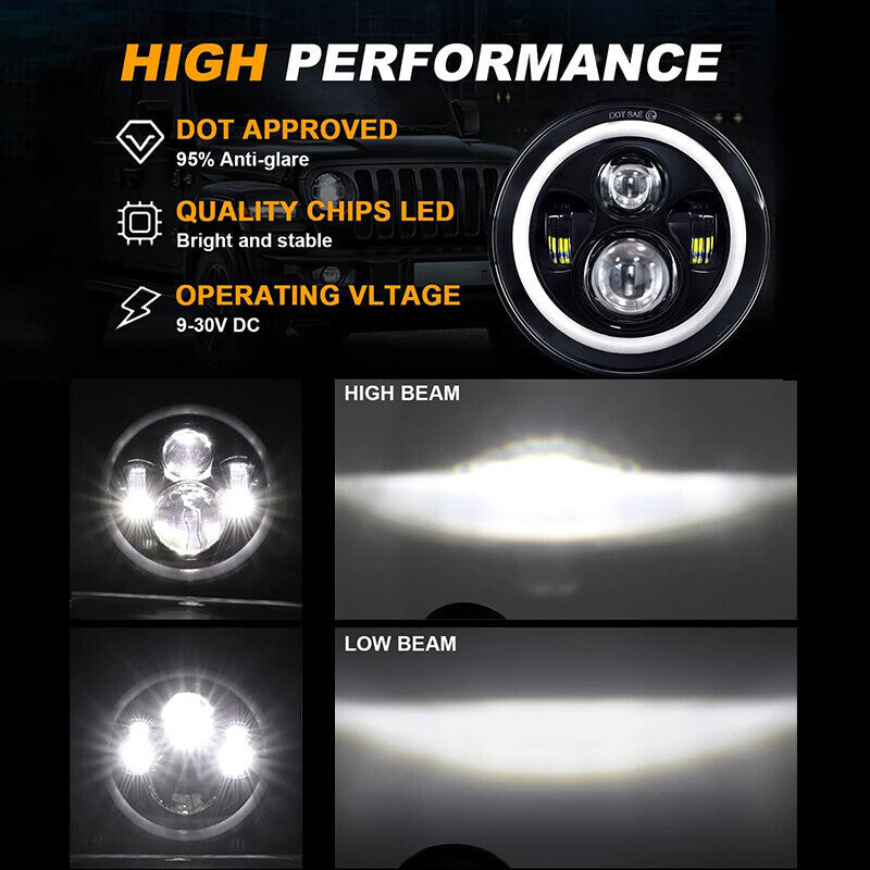DURAFORCE Pair 7" Inch Round LED Headlights Halo Angel Eyes For Jeep Wrangler JK LJ TJ CJ