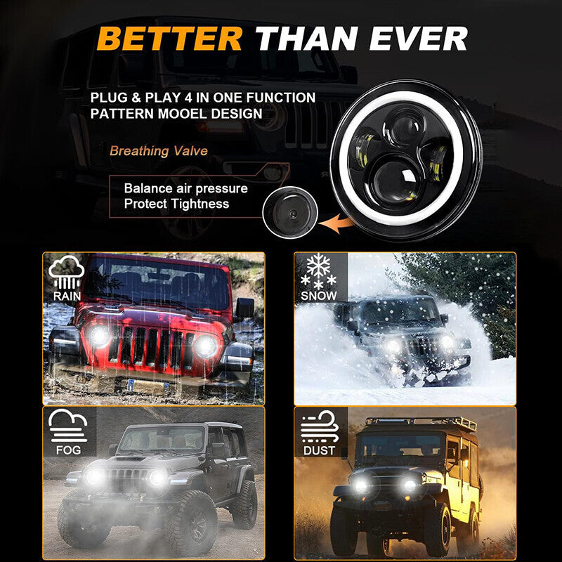 DURAFORCE Pair 7" Inch Round LED Headlights Halo Angel Eyes For Jeep Wrangler JK LJ TJ CJ