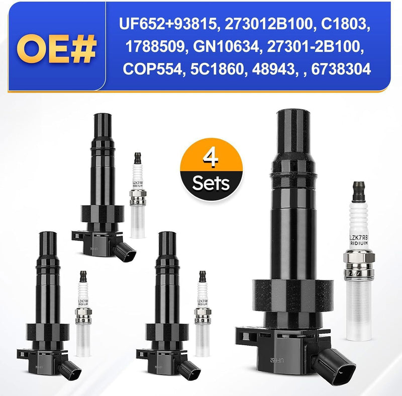 DURAFORCE 4Pack Ignition Coil UF652 & Iridium Spark Plug For Hyundai Accent Kia Soul 1.6L