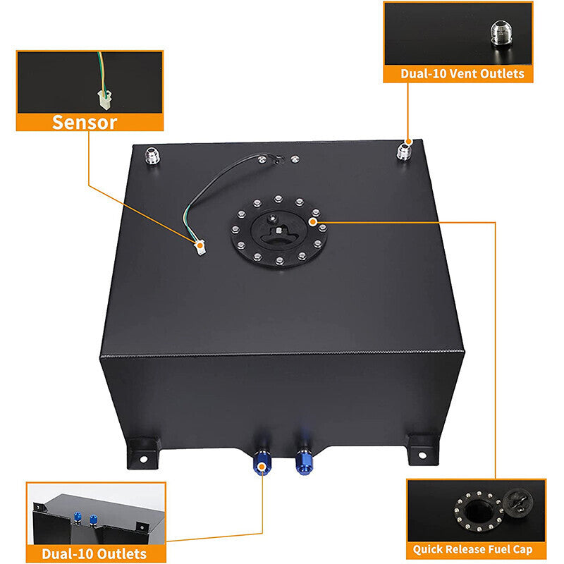 DURAFORCE 8 GALLON BLACK ALUMINUM FUEL CELL GAS TANK+CAP+LEVEL SENDER+STEEL FUEL LINE KIT