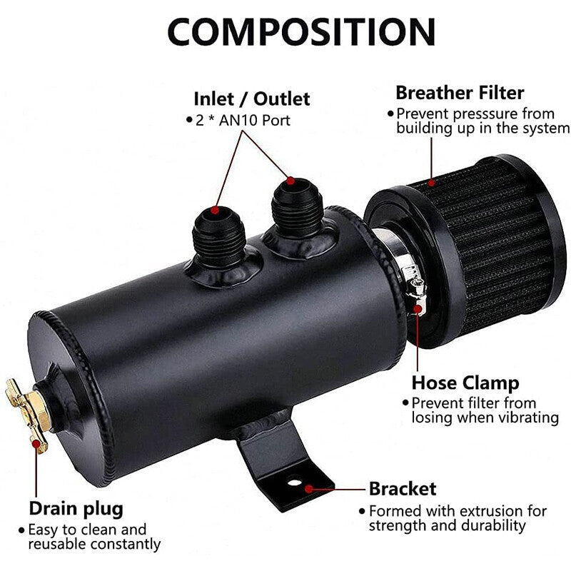 DURAFORCE Universal 10AN Aluminum Baffled Oil Catch Can with Drain Valve Breather Filter