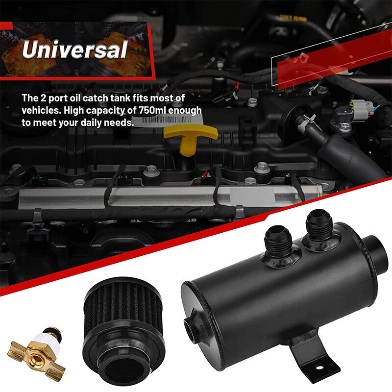 DURAFORCE Universal 10AN Aluminum Baffled Oil Catch Can with Drain Valve Breather Filter