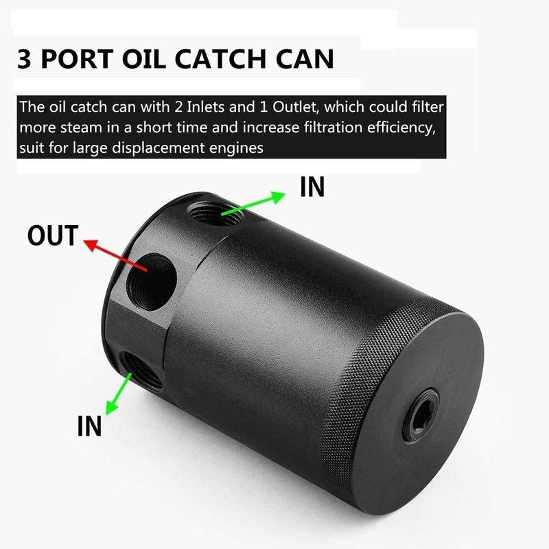 DURAFORCE Universal 3-Port Oil Catch Can Reservoir Tank Black, 2 Inlet 1 Outlet
