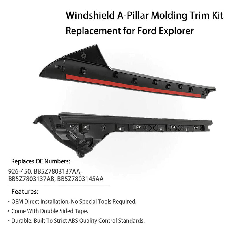 DURAFORCE Windshield Outer Inner Trim Pillar Molding Right Side For 11-19 Ford Explorer