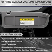 DURAFORCE US Right Passenger Side Sun Visor For Honda Civic 2006 2007 2008 2009 2010 2011