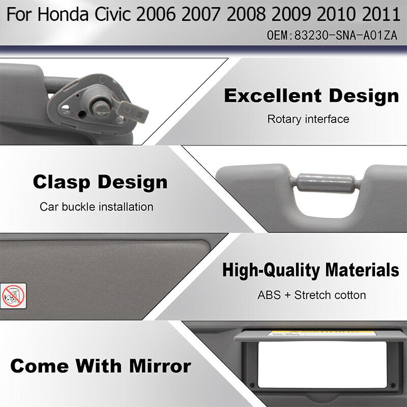 DURAFORCE US Right Passenger Side Sun Visor For Honda Civic 2006 2007 2008 2009 2010 2011