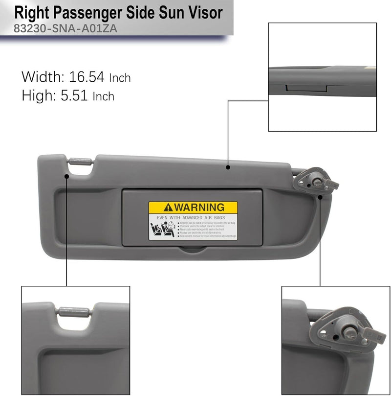 DURAFORCE US Right Passenger Side Sun Visor For Honda Civic 2006 2007 2008 2009 2010 2011