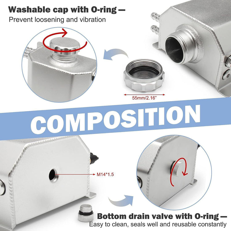 DURAFORCE Car 1L Aluminum Radiator Coolant Overflow Bottle Water Reservoir Tank + Cap