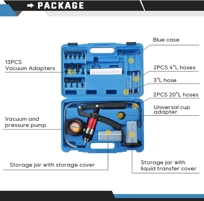 DURAFORCE 21PCS Brake Bleeder Kit Hand Held Vacuum Pressure Pump Tester with Adapters Case