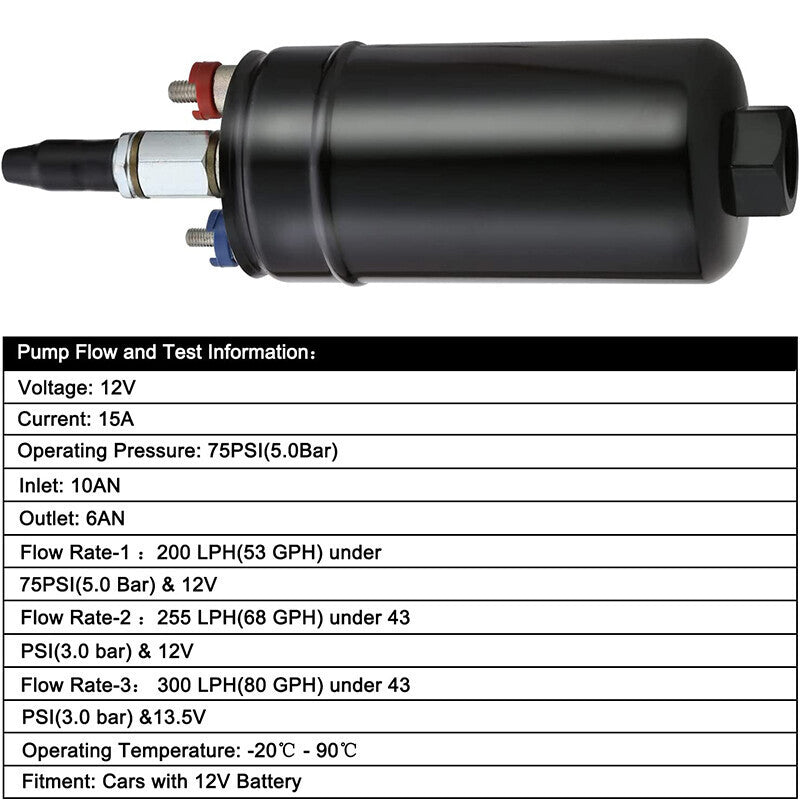 DURAFORCE Universal External Fuel Pump 380LPH High Flow 0580254044 with Mounting Bracket
